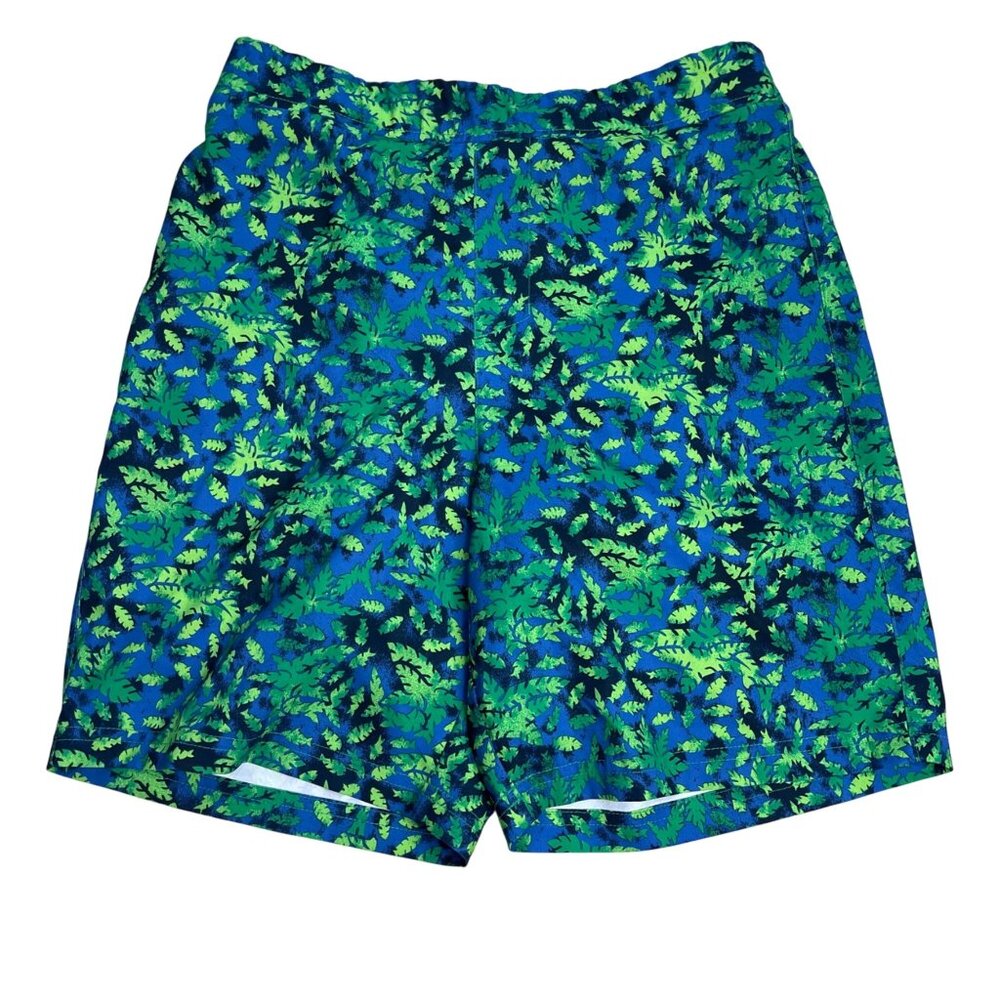 Columbia PFG Swim Trunks Boys Size Large 14/16 Blue Green Leaf Print Mesh Lined - Picture 1 of 11